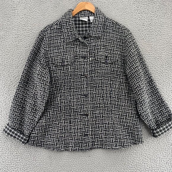 Chicos Top Womens 2 US Large Black White Tweed Button Front Long Sleeve Collar - Picture 1 of 10